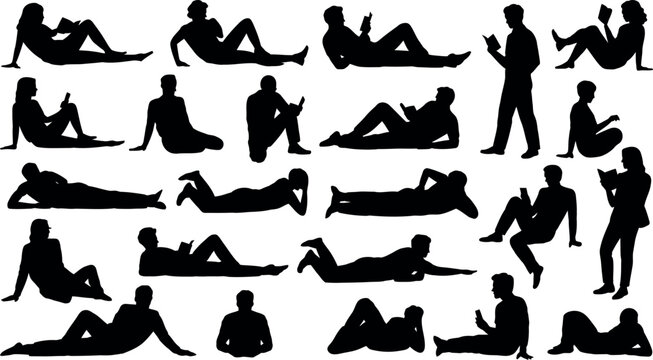 Silhouettes of people sitting and lying down reading  various relaxed poses