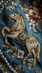 Fototapeta premium AI generator image of embroidery, Hands of fashion designer,embroidery as a clothing design and pattern, doing embroidery on fabric with thread at workshop 