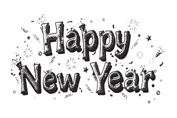 Happy New Year Festive Hand Drawn Typography with Confetti and Fireworks