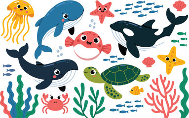 Cartoon marine creature set, colorful ocean wildlife stickers, fish coral seaweed aquatic art.