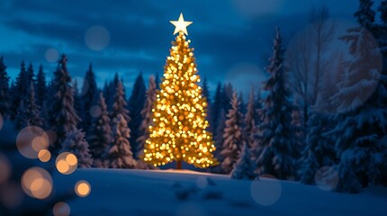 Magical Christmas Tree in Snowy Winter Forest at Night