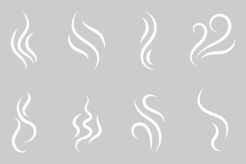 Smoke steam icon set vector hot aroma heat design. Doodle smoke icons set. Water steam symbols. Hand drawn hot vapors. Line air smell symbols. Doodle fire smoke icons.