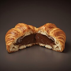 Croissant filled with chocolate, cut open with visible layers, isolated on dark background