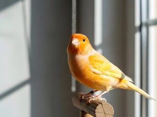 Bright yellow canary bird perched on wood, bathed in sunlight near a window