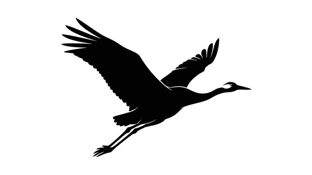 Silhouette of a graceful heron in flight with extended wings over a plain white background