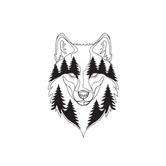 Minimalist Wolf Head Illustration with Pine Forest Landscape Line Art Vector