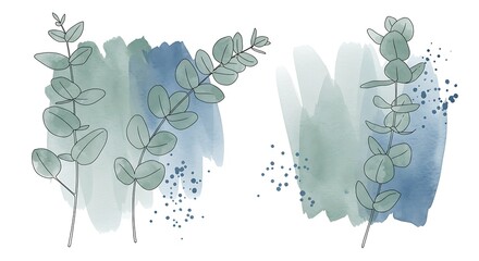 Watercolor Eucalyptus Leaves with Abstract Blue and Green Brush Strokes.