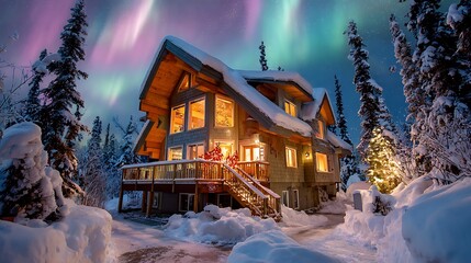 Cozy Snowy Cabin Under Vibrant Aurora Borealis Northern Lights at Night