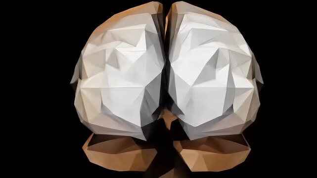 A faceted 3D head form with light and shadow on a black background