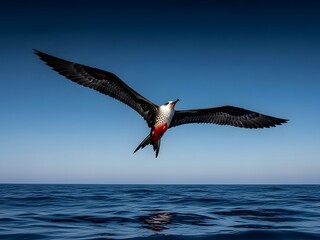 Frigatebird soaring over the ocean with wings spread, dramatic blue sky