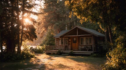 Cozy Cabin in the Woods - A Serene Retreat Amidst Natures Embrace at Sunset.