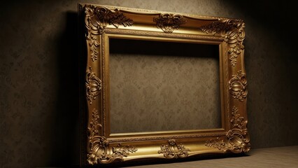 ornate empty gold picture frame on wall with elegant floral carvings