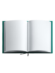 A pristine, open book with blank pages inviting creativity and imagination, showcasing a vibrant cover and an elegant ribbon bookmark on transparent background