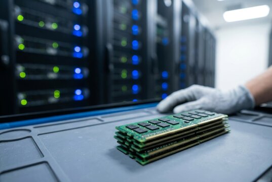 Stack of RAM Memory Modules in Data Center During Rising Hardware Prices