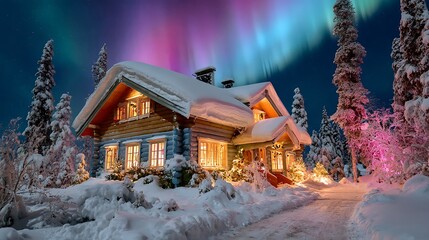 Cozy Snowy Cabin Under Vibrant Aurora Borealis Northern Lights at Night