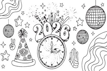 Happy New Year 2026 Doodle Illustration with Clock, Disco Balls and Party Icons