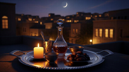 A serene rooftop setting with a candlelit tray bottle and fruit at night under the crescent moon