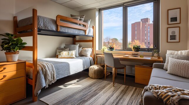 Cozy Dorm Room with Bunk Beds, Desk, and City View - A Comfortable Student Living Space.