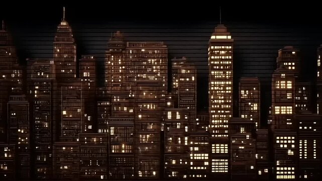 A stylized cityscape glows at night, warm lights from building windows, dark background