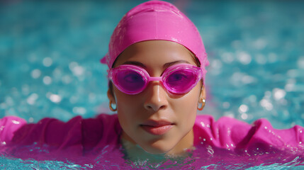 Woman Swimmer Wearing Pink Cap and Goggles in Pool