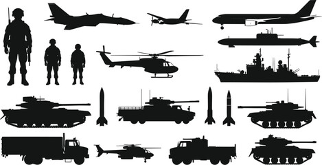 Large set of black military silhouettes featuring soldiers tanks airplanes helicopters submarines and warships isolated on white background for army defense and war concept designs.