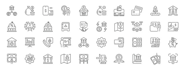 Banking icons set. editable line icons, outline, finance, transaction symbols