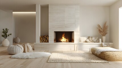 Fototapeta premium Cozy Living Room with Fireplace, Neutral Tones, and Modern Design.