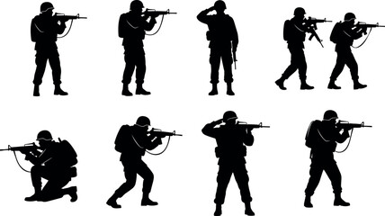 Obraz premium Set of black military soldier silhouettes in various combat poses with rifles for army training or national defense,
