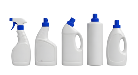 Five Cleaning Bottles with Blue Caps in a Row Isolated on transparent background