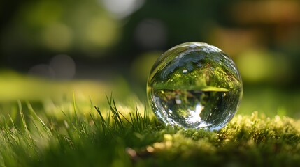 Crystal Ball Reflecting Lush Greenery on Mossy Surface, Natures Beauty.