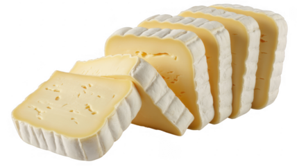 Sliced cheese with white rind on black isolated isolated on a transparent background