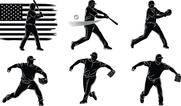 Black and white baseball player silhouette set with american flag for sports branding athlete action poses pitching hitting and catching vector illustration isolated on white background