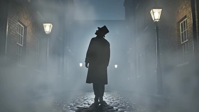Jack the Ripper walking silhouette in foggy Victorian London street