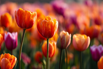 A vibrant field of tulips in red yellow and pink bloom under a bright blue sky