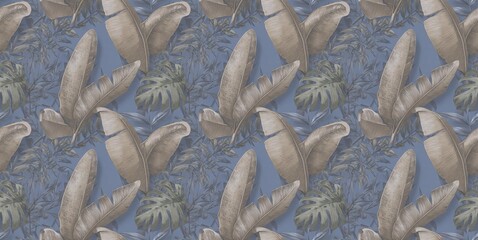 A beautiful botanical pattern featuring tropical leaves on a soothing blue background, perfect for home decor and design projects.
