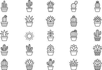 Minimal cactus and succulent line icons set, black outline potted plants collection, hand drawn botanical vector illustration for UI, print, branding