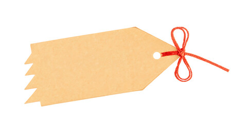 Brown gift tag with red string isolated on a transparent background