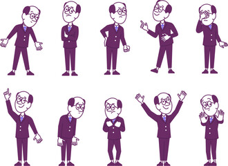 Businessman character set showing emotions and gestures, flat vector illustration.