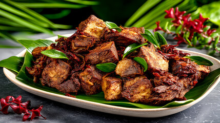 Spicy beef rendang cubes served on green banana leaves on a rectangular plate close up.