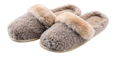 Beige fuzzy slippers on white background isolated on a transparent background