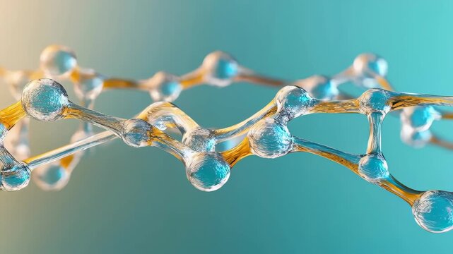 Molecule chemistry nanotechnology polymer abstract science network transparent teal gold calm energy flows through transparent molecular network