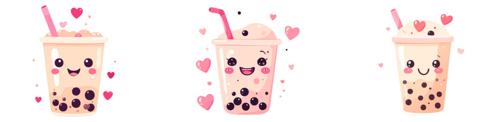 Kawaii Valentine Bubble Tea Characters Vector Set &ndash; Cute Flat Cartoon Boba Drinks with Hearts