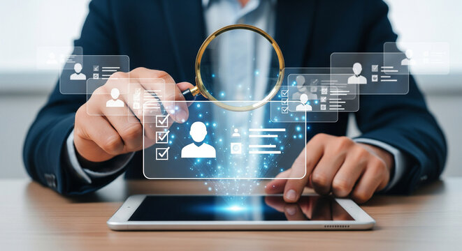 Digital recruitment analytics with magnifying glass over tablet showcasing candidate profiles selection process and modern human resources technology
