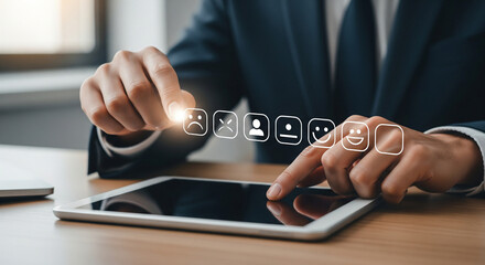 User experience rating selection on digital tablet showing emotional icons for customer satisfaction analysis and service improvement strategy