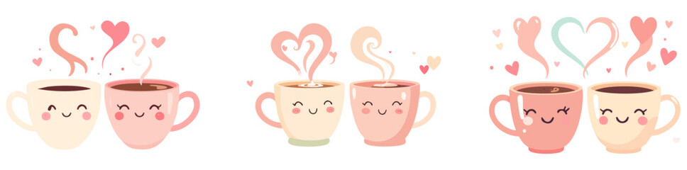 Kawaii Valentine Coffee Cup Couples Vector Set &ndash; Cute Flat Cartoon Tea and Coffee Mugs with Heart Steam