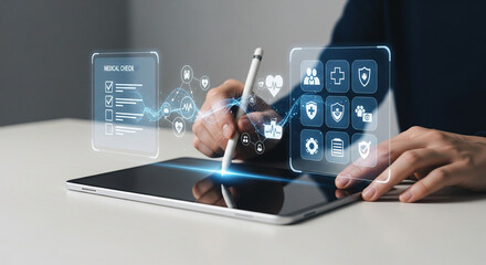 Doctor using digital tablet with holographic medical interface for modern healthcare management data analysis and patient records security