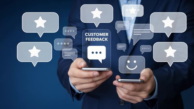 Businessman giving customer feedback on smartphone with chat bubbles