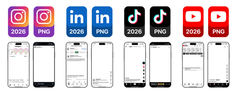 Instagram LinkedIn TikTok YouTube social media content formats showcasing post story reels video and short layouts in transparent PNG style for modern digital platforms 2026
