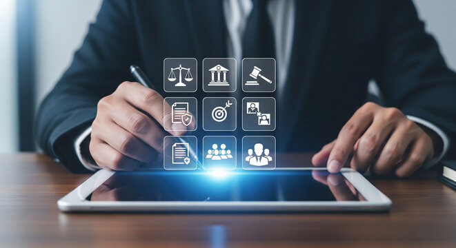 Legal and corporate strategy icons displayed on digital tablet with professional hands representing governance compliance and modern business decision making