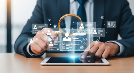 Human resources technology concept showing magnified candidate data interface on tablet for advanced digital hiring and workforce management